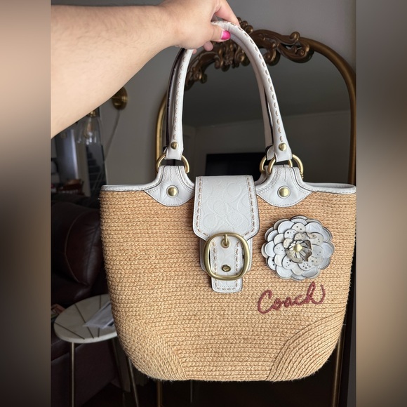 Coach Handbags - Coach Bleecker Straw Tote with White Trim and Floral Applique